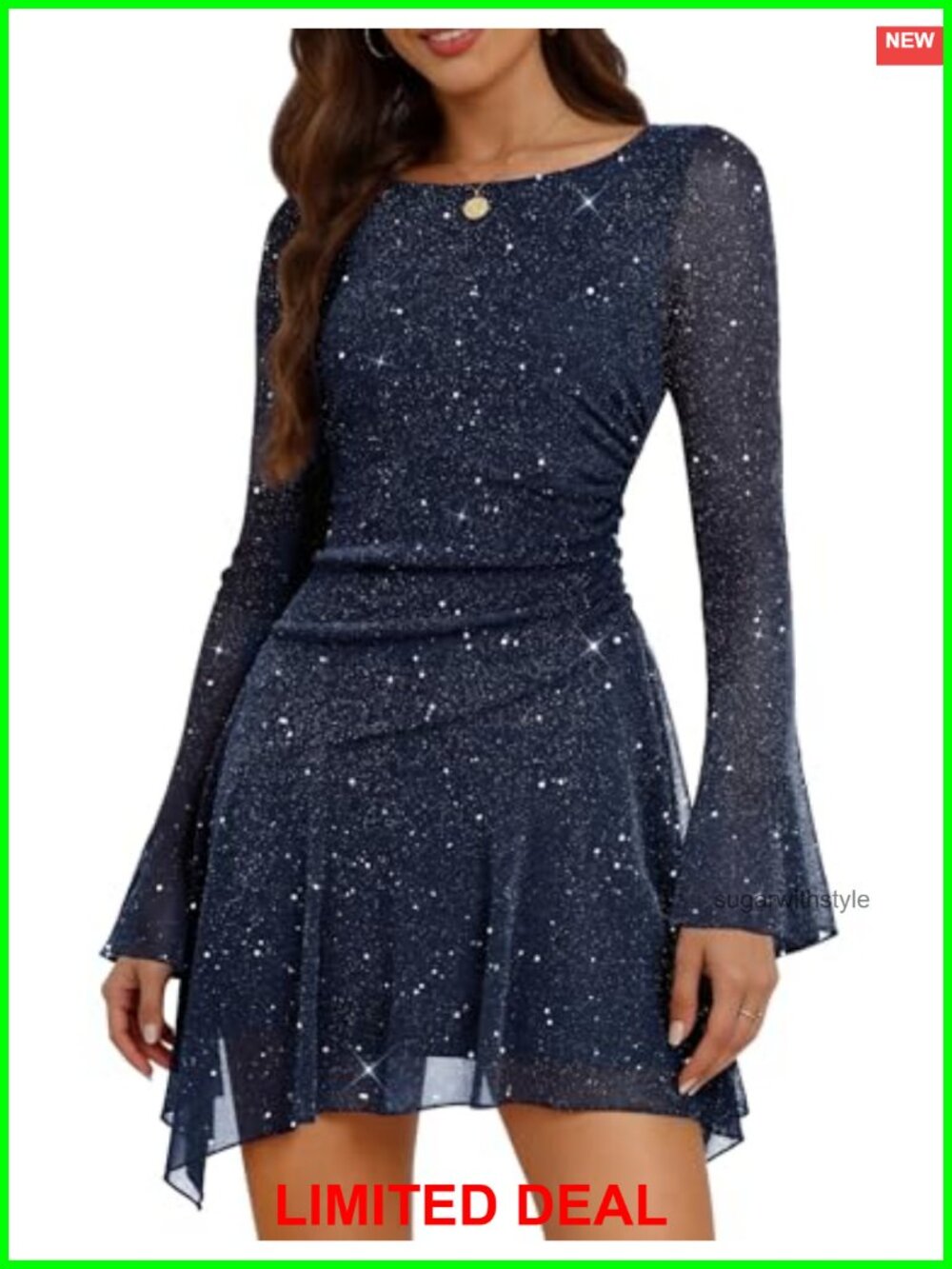 Sparkly Homecoming Dress Short Bell Sleeve Ruched Waist Mini Prom